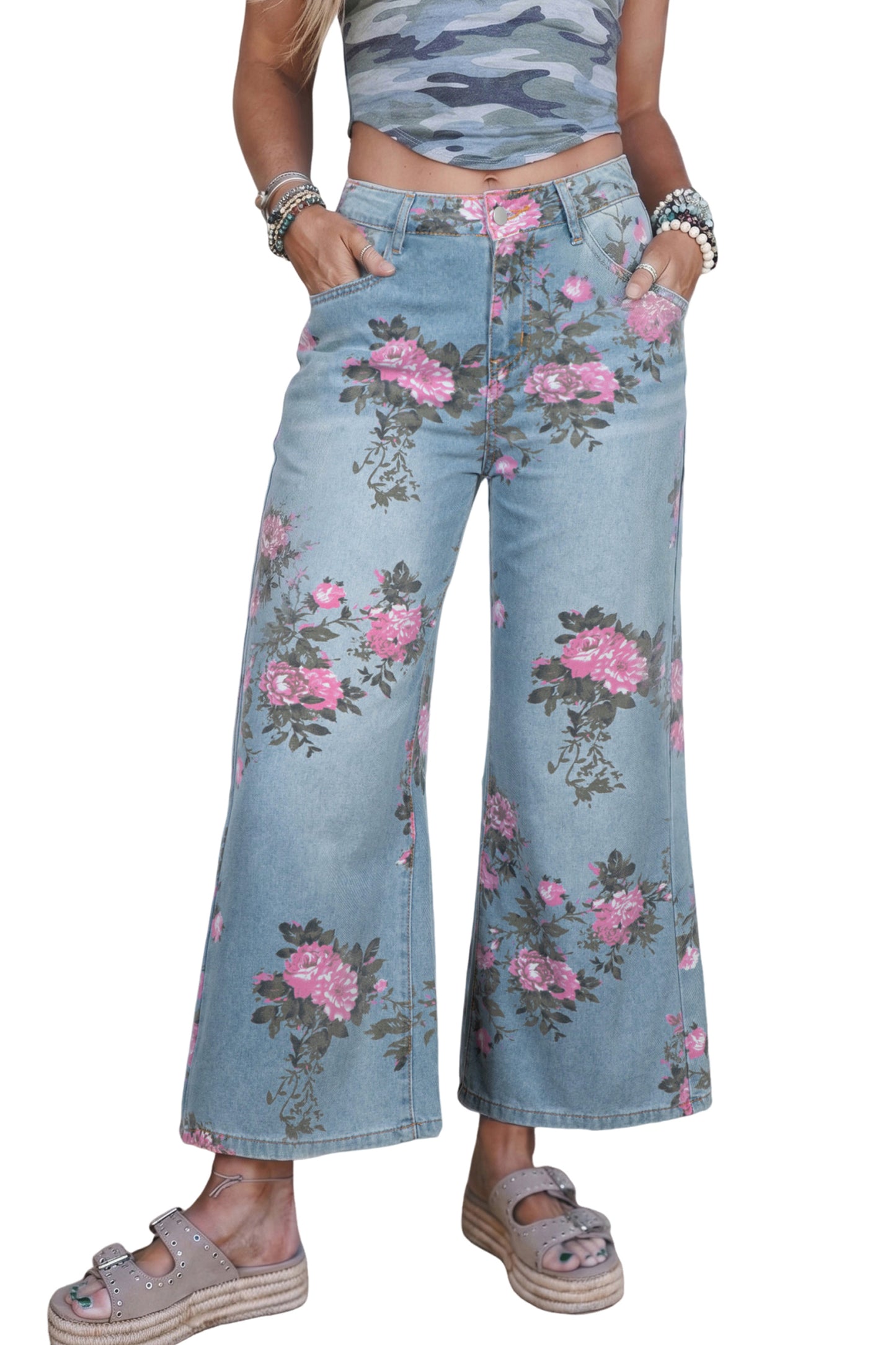 Sky Blue Garden Floral Print Bootcut Jeans