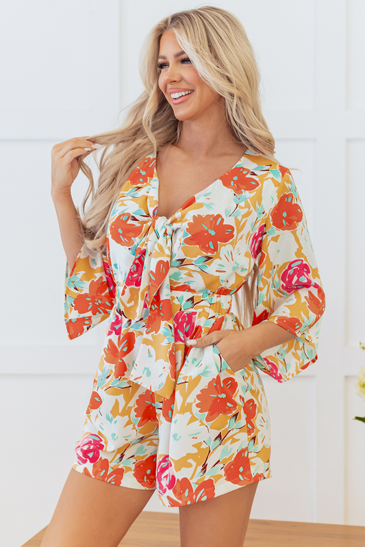 Orange Floral Romper | Front Tie Bell Sleeve Jumpsuit | Persimmon Summer Playsuit | Playful Maximalist Resort Wear Shorts
