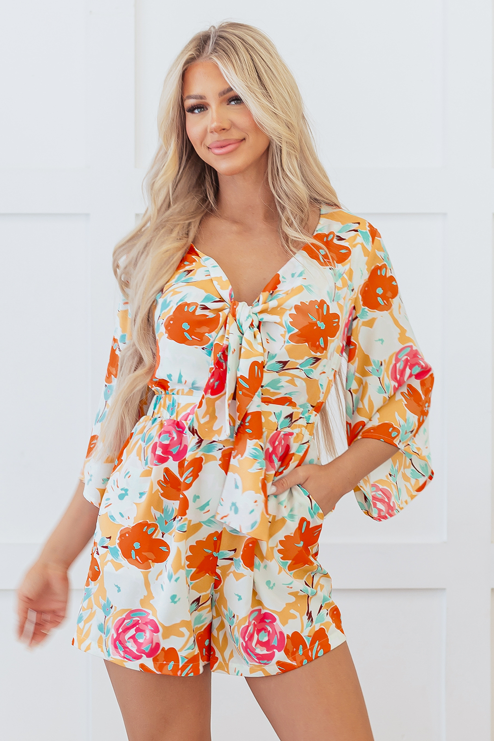Orange Floral Romper | Front Tie Bell Sleeve Jumpsuit | Persimmon Summer Playsuit | Playful Maximalist Resort Wear Shorts