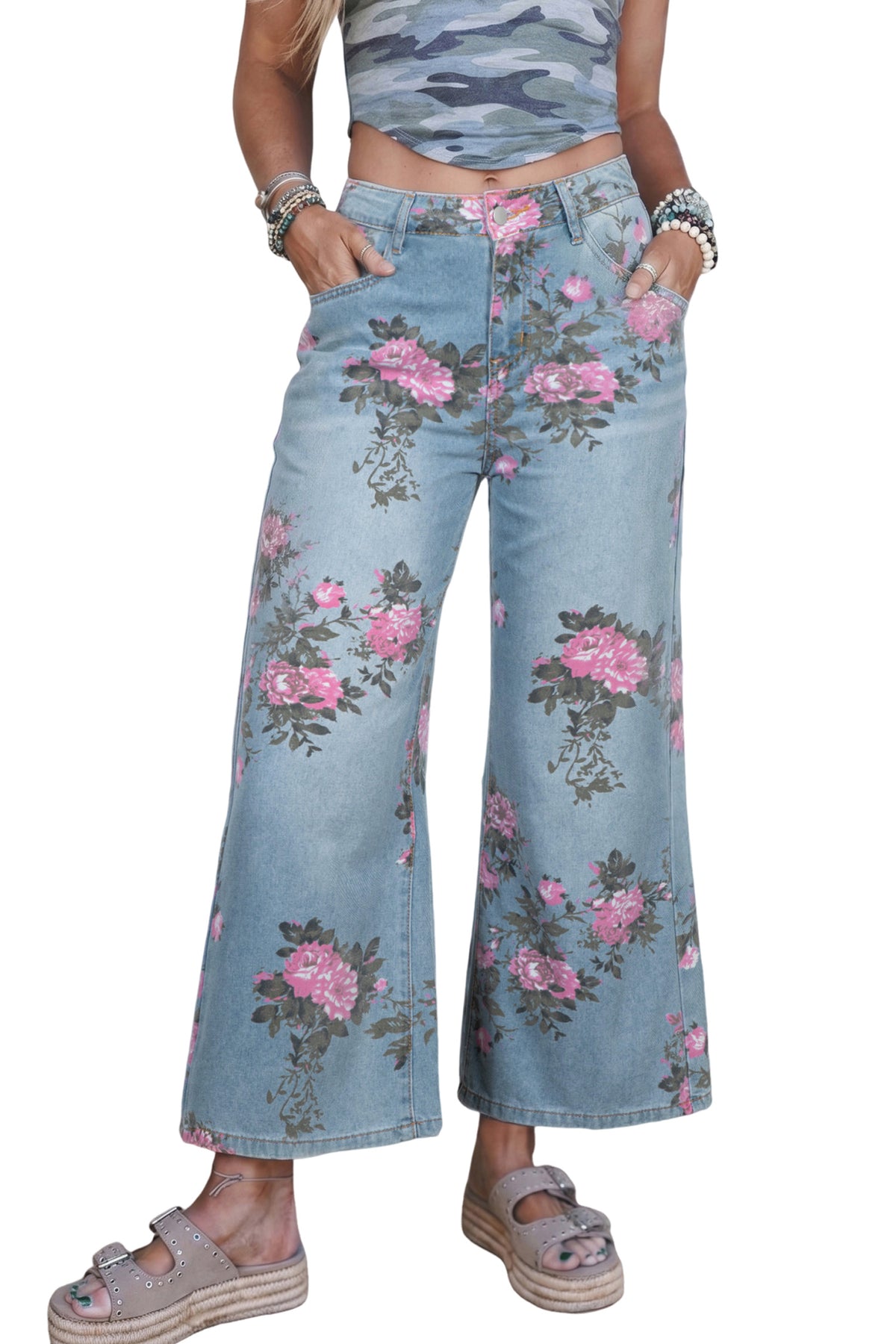 Sky Blue Garden Floral Print Bootcut Jeans