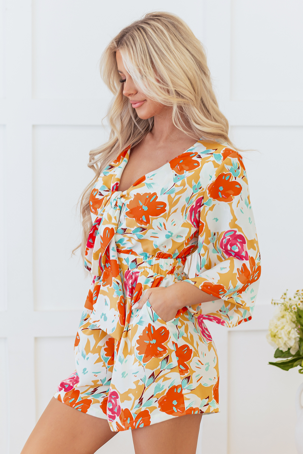 Orange Floral Romper | Front Tie Bell Sleeve Jumpsuit | Persimmon Summer Playsuit | Playful Maximalist Resort Wear Shorts
