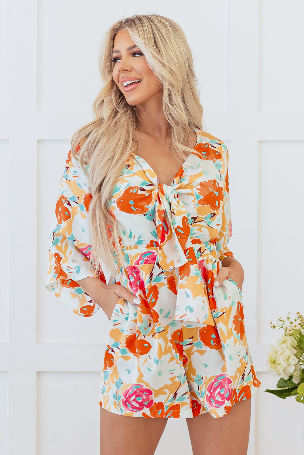 Orange Floral Romper | Front Tie Bell Sleeve Jumpsuit | Persimmon Summer Playsuit | Playful Maximalist Resort Wear Shorts