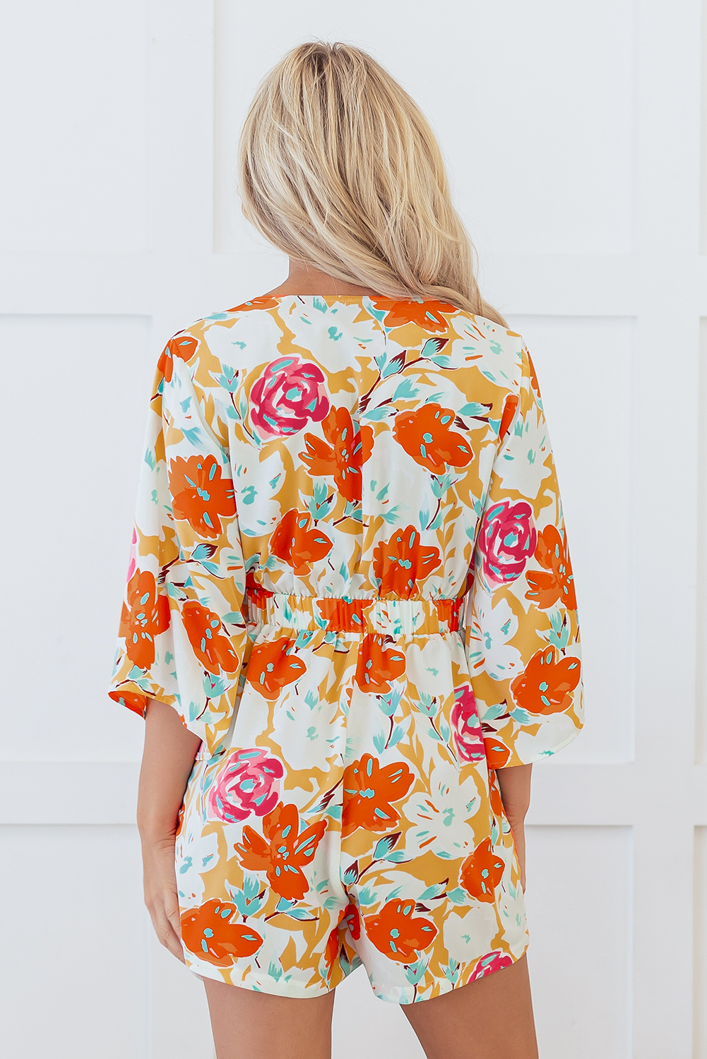 Orange Floral Romper | Front Tie Bell Sleeve Jumpsuit | Persimmon Summer Playsuit | Playful Maximalist Resort Wear Shorts
